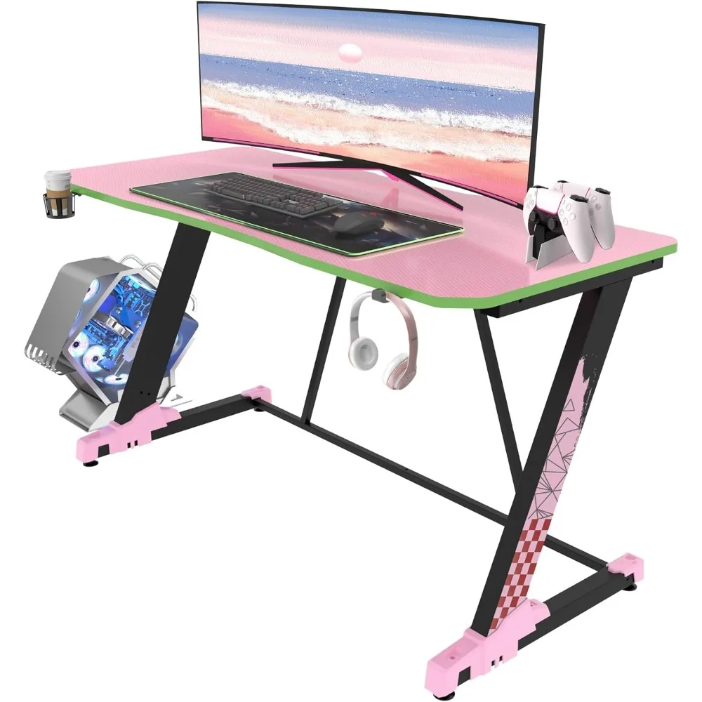 

Desk, Carbon Fiber Surface Z-Shaped PC Computer Table, with Headphone Holder, Cup Holder, Cable Management Bo