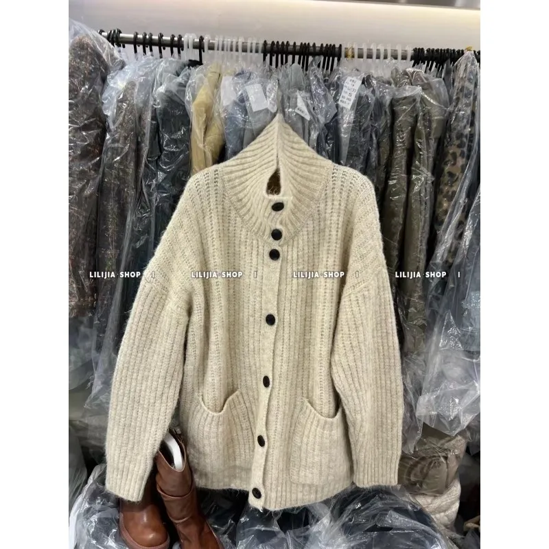 Loose Knitted Cardigan High Neck Thickened Sweater Coat Lazy Style Autumn Winter Fashion Women's Soft Long Sleeve Warm Coat