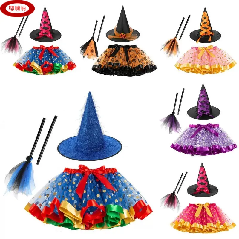 loween New Print Tulle Skirt Witch Hat Broom ort Skirt Tee Piece Set for Girls Polyester Fiber 00% Children's Clothing