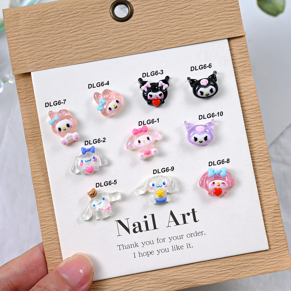 10 pçs sanrio 3d kuromi olá kitty manicure kawaii dos desenhos animados cinnamoroll arte do prego diy strass decoração diversão decalques da arte do prego