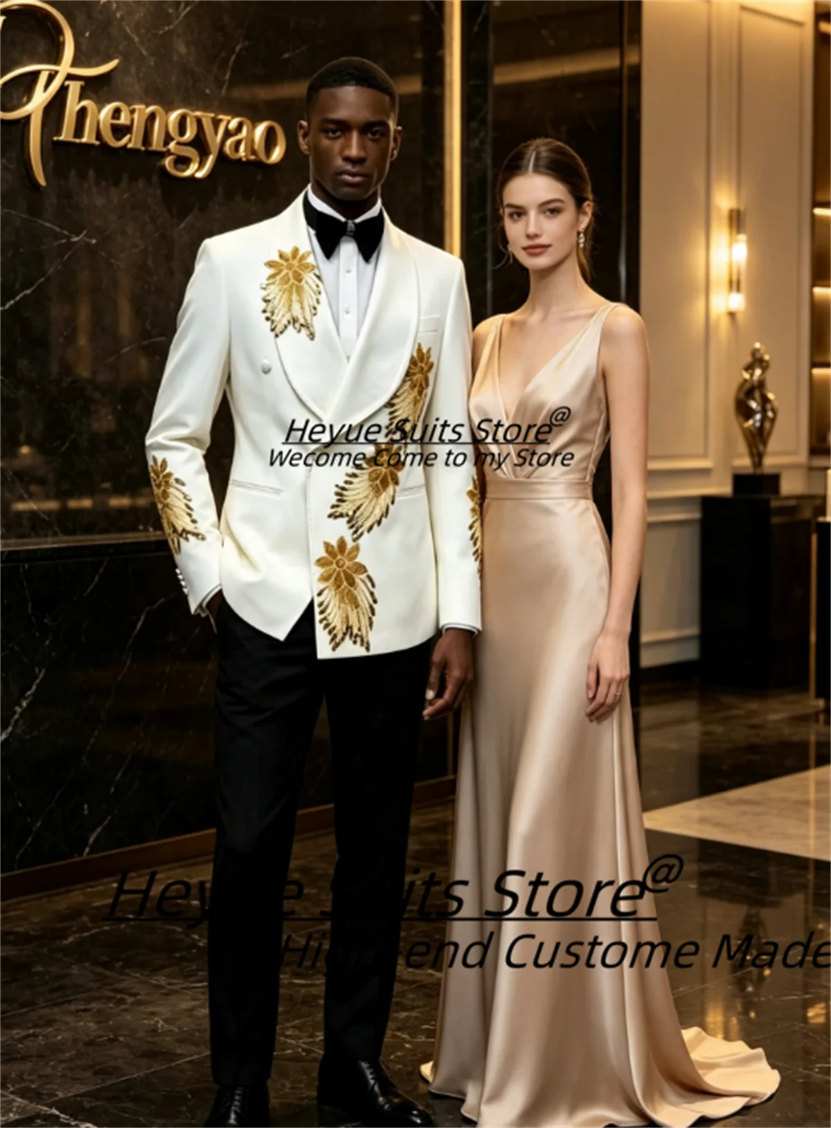Elegant Gold Floral Embroidery Groom Wedding Tuxedos Customized Slim Fit Shawl Lapel 2Pieces Sets Male Party Blazers Ropa Hombre