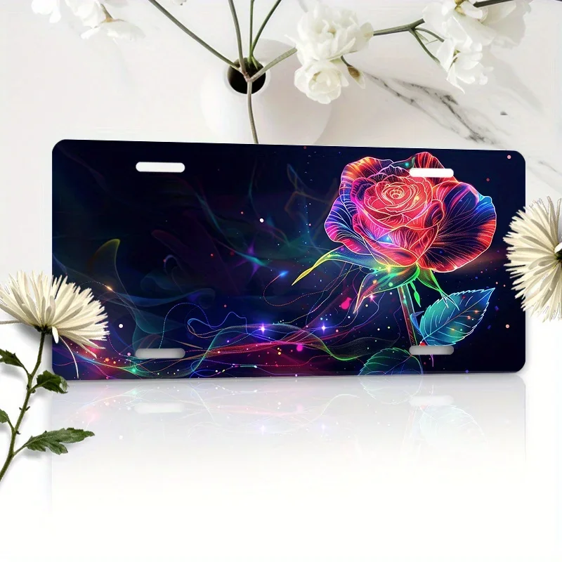 2D Flat, Plaque for Decoration Only, 1pc 2D Flat. This Is a Decorative License Plate Featuring a Vibrant Rose Design, Measuring