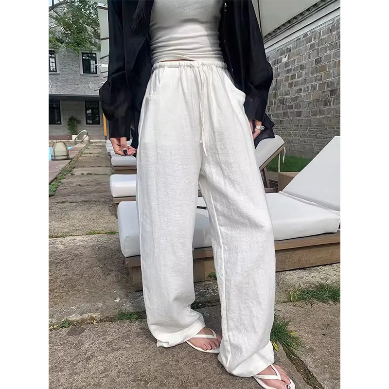 

Linen Casual Pants High Waist Wide Leg Thin Cotton Linen Loose Fit Summer Autumn Straight Leg White Pants for Men And Women