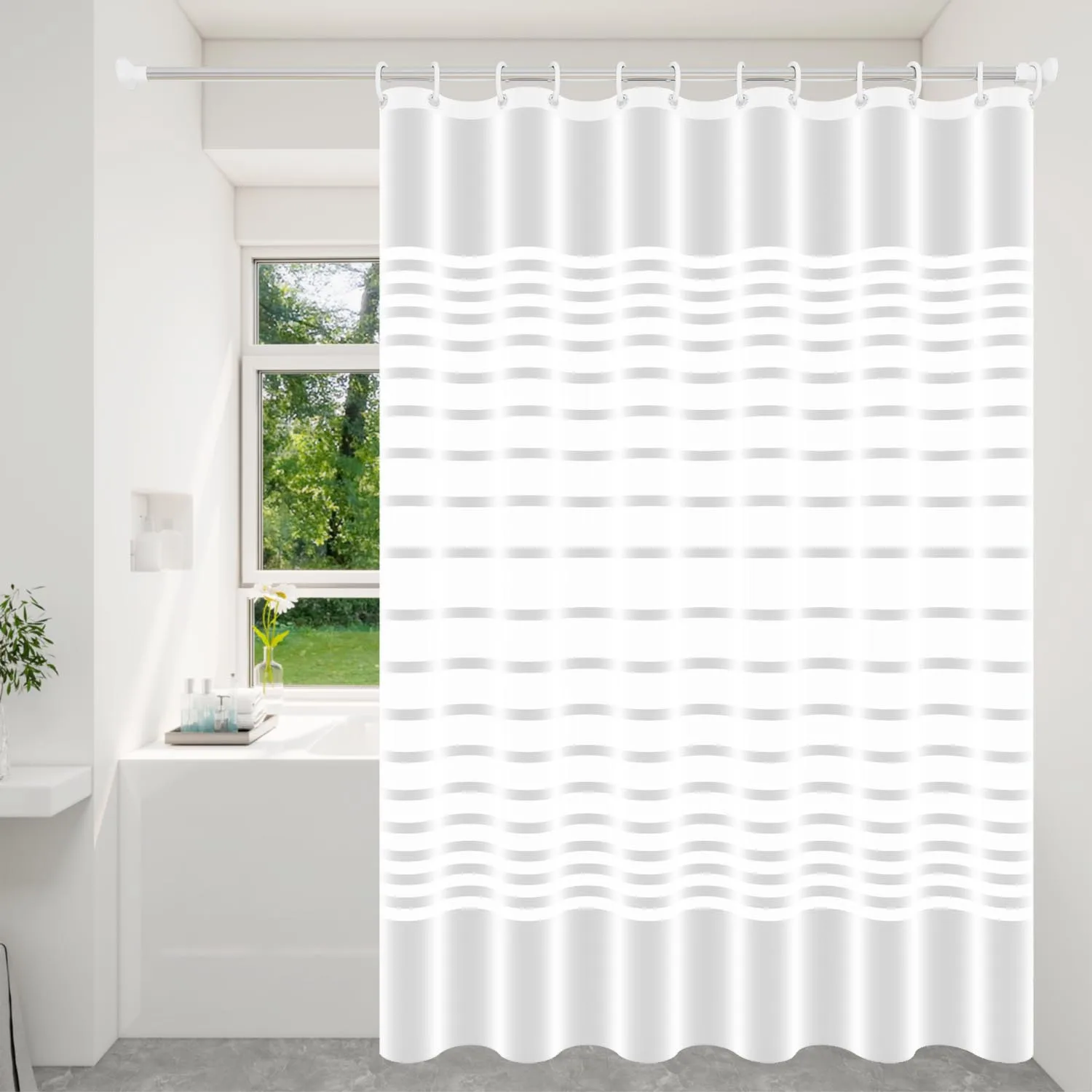 1 Stück Weißer Duschvorhang mit horizontalen Streifen, modernes minimalistisches Badezimmer-Dekor, luxuriöses wasserdichtes PEVA