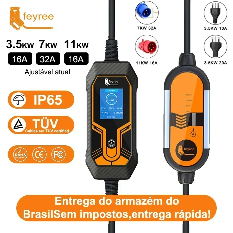 Feyree 32A 7KW Type2 EV cargador portátil 11KW 16A 3 fases 5M Cable EVSE caja de carga cargador de coche enchufe CEE para vehículo eléctrico