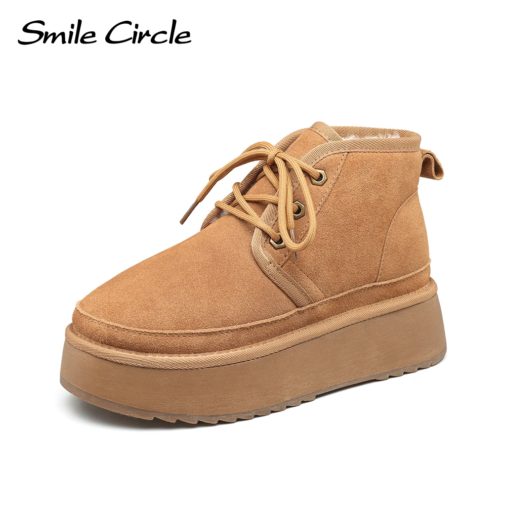 Smile Circle Snow Boots Women Suede Lace Up Thick Bottom Boots Warm Fashion Casual Shoes