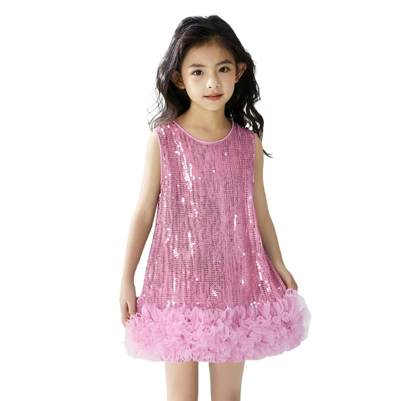 Little Girls Sequined  Vest Skirt for Child Solid Sleeveless Clothes 2025 New Girl Birthday Princess Dress for 2-8Y Kids L510