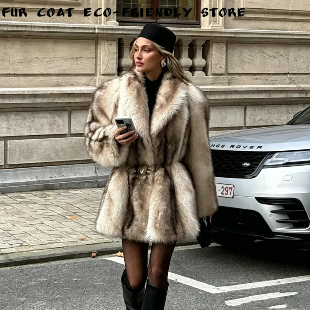 Women's Vintage  Fur Coat Stand Collar Oversized Belted Winter Warm Elegant Luxury Street Style Jacket