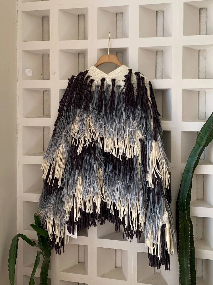 Vintage Color Block Shaggy Cardigan Jumper Loose Fringed Gradient Sweater Jacket Thick Autumn/Winter Women Outwear Knitwear