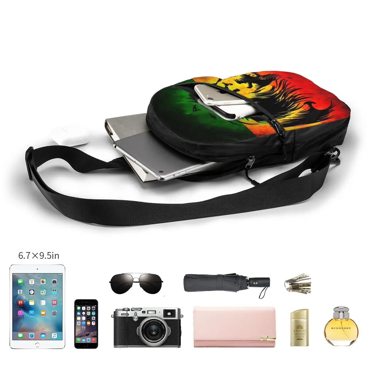 Rasta Lion Stripe Chest Bag Men Sling Crossbody Backpack Chest Bag Travel Hiking Daypack Shoulder Bag