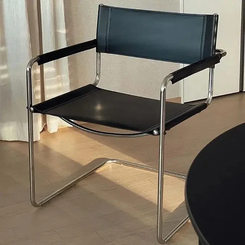 Fotel ze stali nierdzewnej siodło skórzane krzesło do jadalni nowoczesne minimalistyczne krzesło dla rodziny Bauhaus chaises lounge