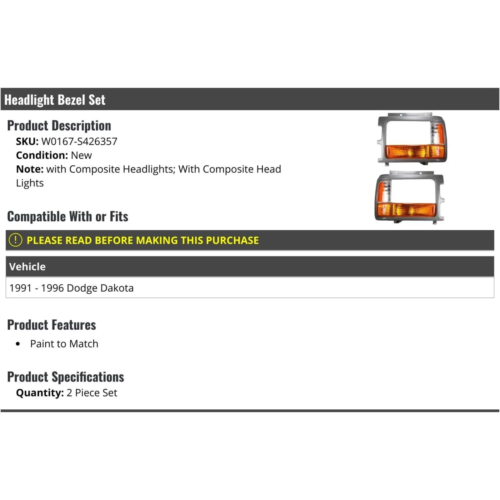 US  Headlight Bezel - Set of 2 - Compatible with 1991-1996 Dodge Dakota with Composite Headlights