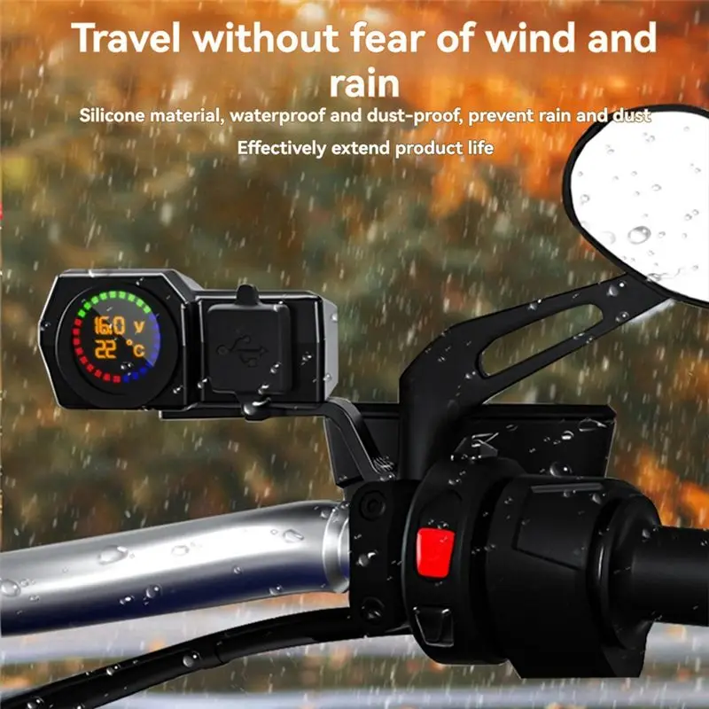 Superior-USB Socket Motorcycle Handlebar & Rear Mirror Waterproof Fast Phone Power Adapter Digital Voltmeter Thermometer