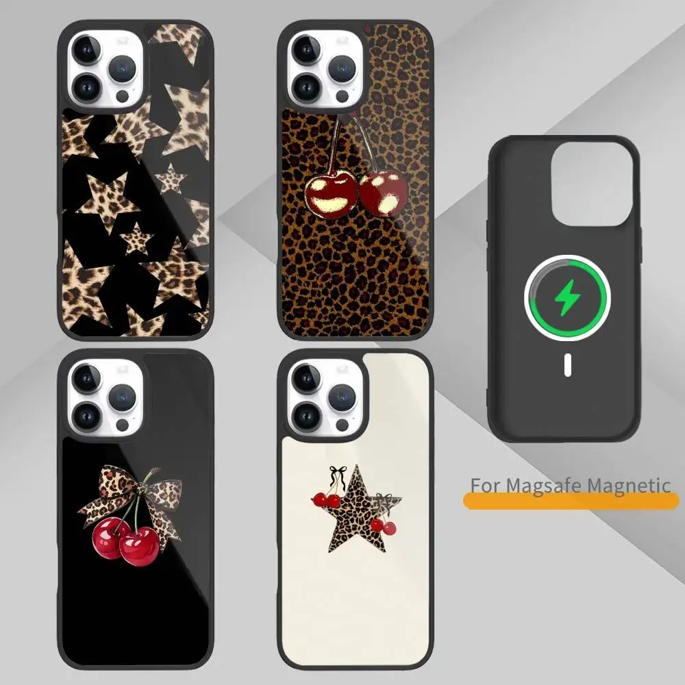 

L-Leopard Print Cherry S-Star Phone Case For iPhone 14,16,15,13,17,12,Plus,Pro,Max Magnetic For Magsafe Frosted Cover