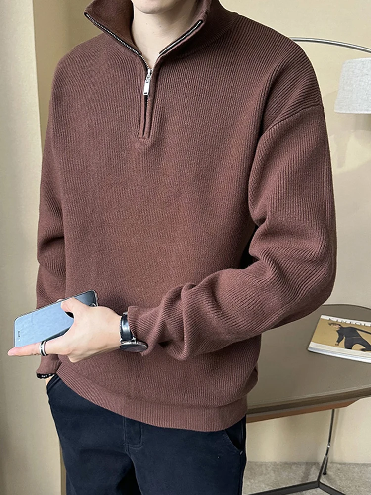 

Мужской утепленный зимний трикотажный свитер на молнии с воротником-стойкой, повседневный модный верх, удобная мягкая верхняя одежда в американском стиле