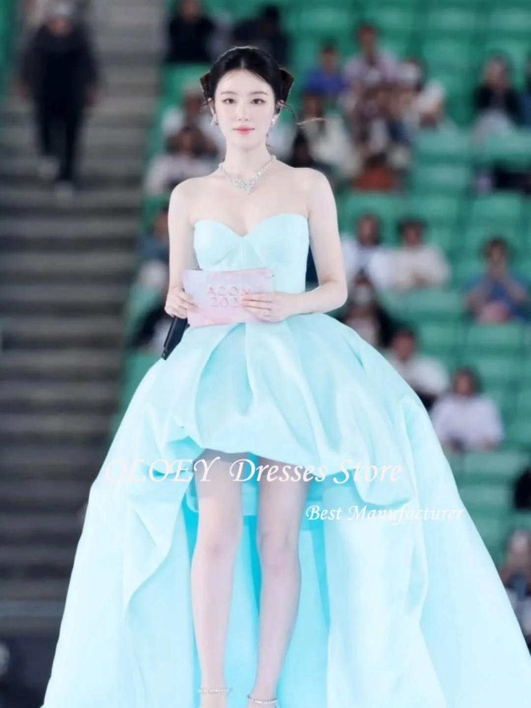 OLOEY Blu Sweetheart A-Line Corea Abiti da sera Morbido taffettà Abiti da ballo dolci Hi-Lo nne Anelli Personalizza Corsetti Indietro