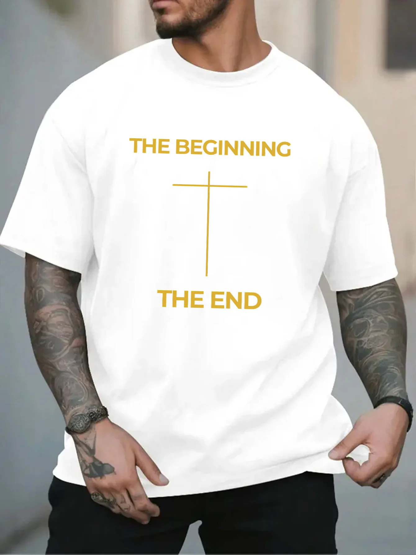 Fashion Mens Black Basic Tee Minimalist Golden Christian Cross The Beginning The End Faith Belief Casual Short Sleeve Shirts