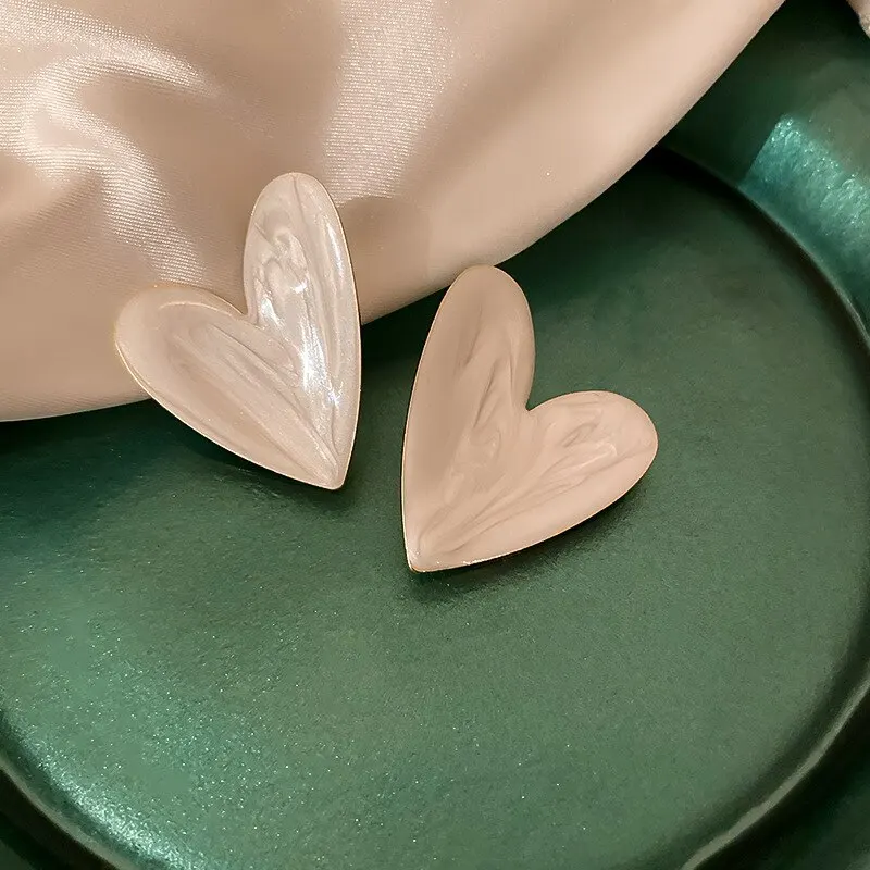 Big Heart Love Earrings For Women Minimalist White Green Color Pattern Graffiti Glaze Stud Earrings Aesthetic Jewelry K0