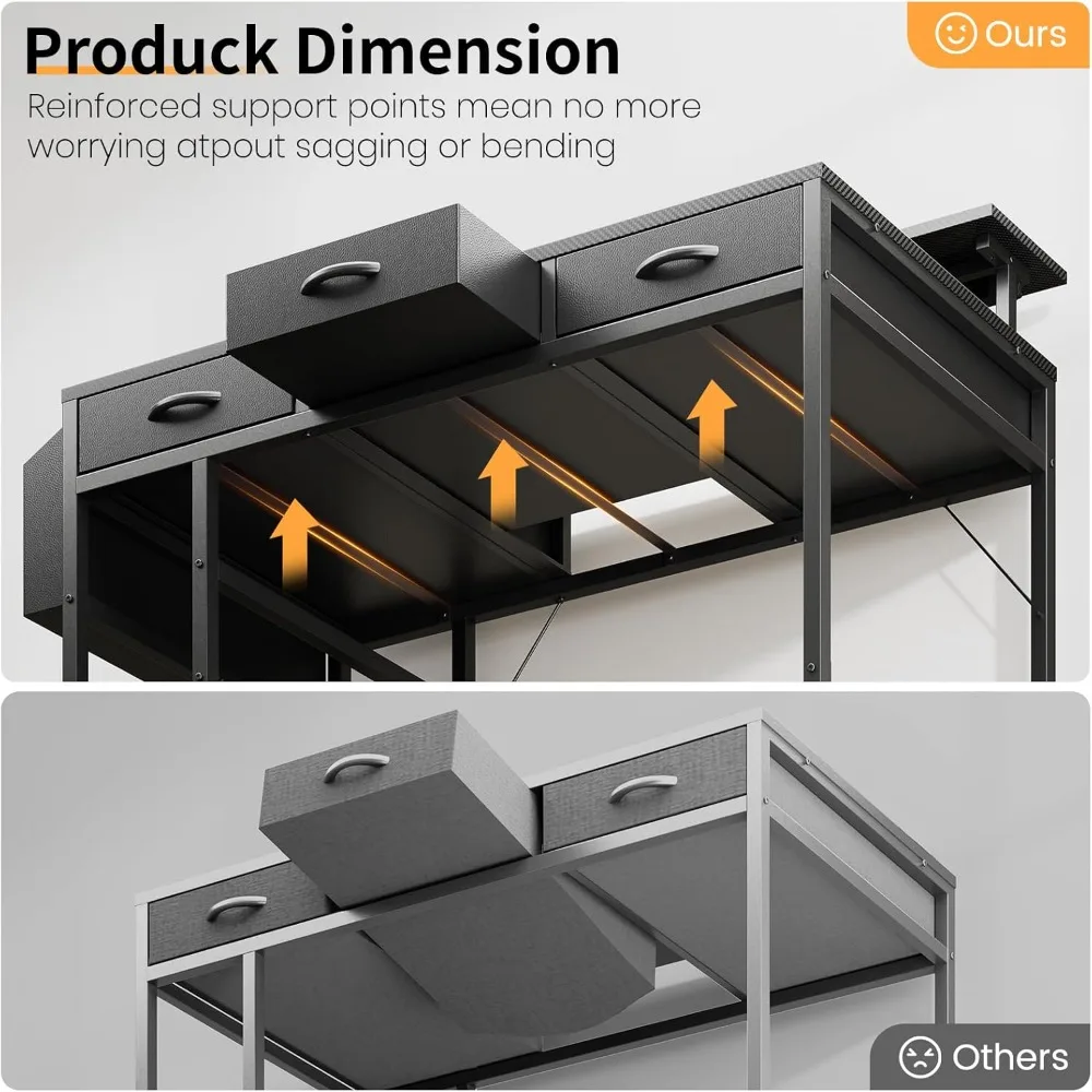 LED-Illuminated Gaming Desk with Power Outlets, 47 Computer Desk featuring 3 Drawers and Adjustable Monitor Stand for Home Offic