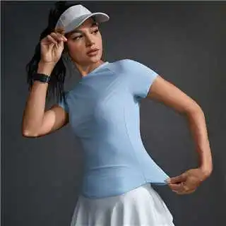 Damenkleidung Kurzarm Blaues T-Shirt Slim Fit Oberteil Weibliches O-Ausschnitt Gestricktes Figurbetontes T-Shirt Streetwear Sexy Sportlicher Stil – Detail 4