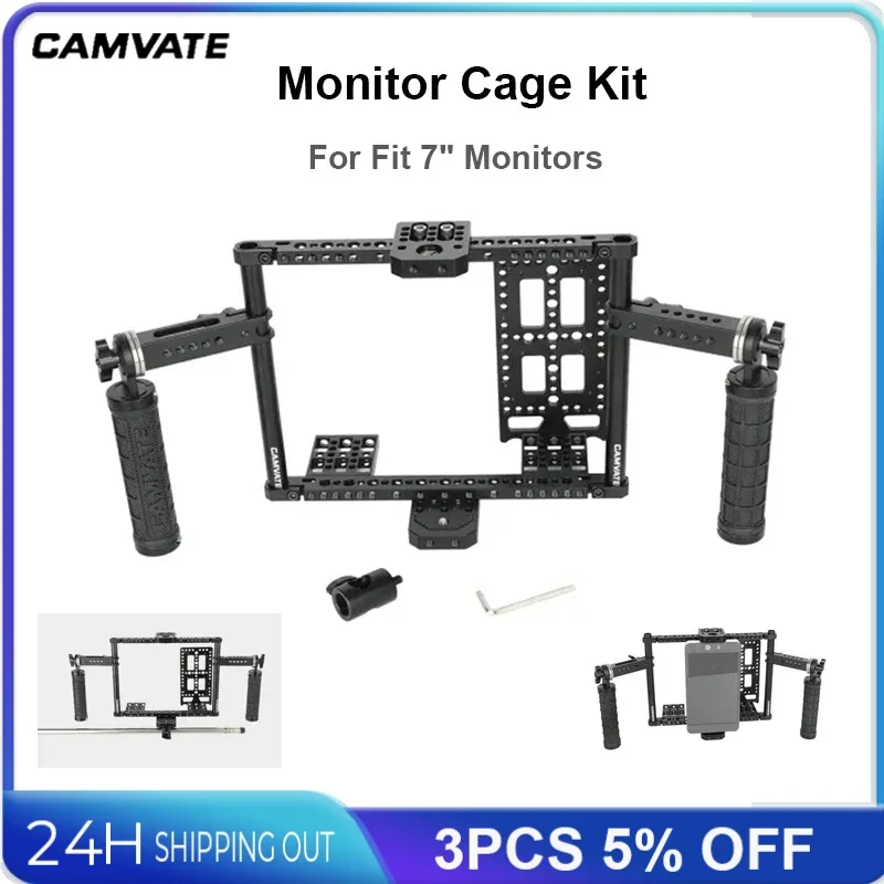 CAMVATE 7inch Monitor Cage Kit with Dual Rosette Mount Rubber Handgrips With 15mm Support Rods For  Adjust Height Monitor Cage