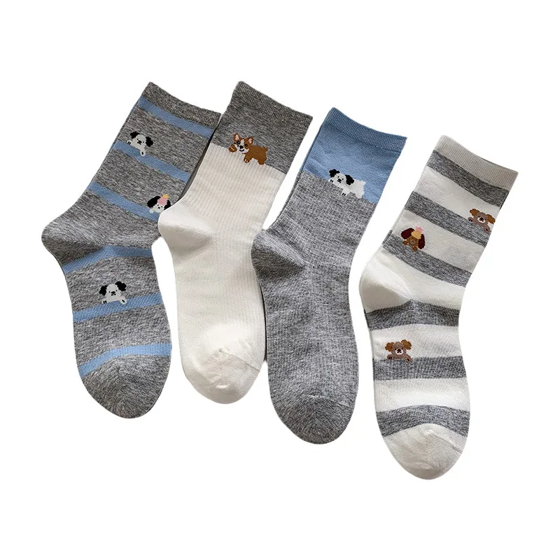 4 أزواج الجوارب النسائية مجموعة الكورية تنفس مريحة عالية الجودة جوارب قطنية الكرتون جرو Kawaii الحلو لطيف منتصف جوارب أنبوبية #5