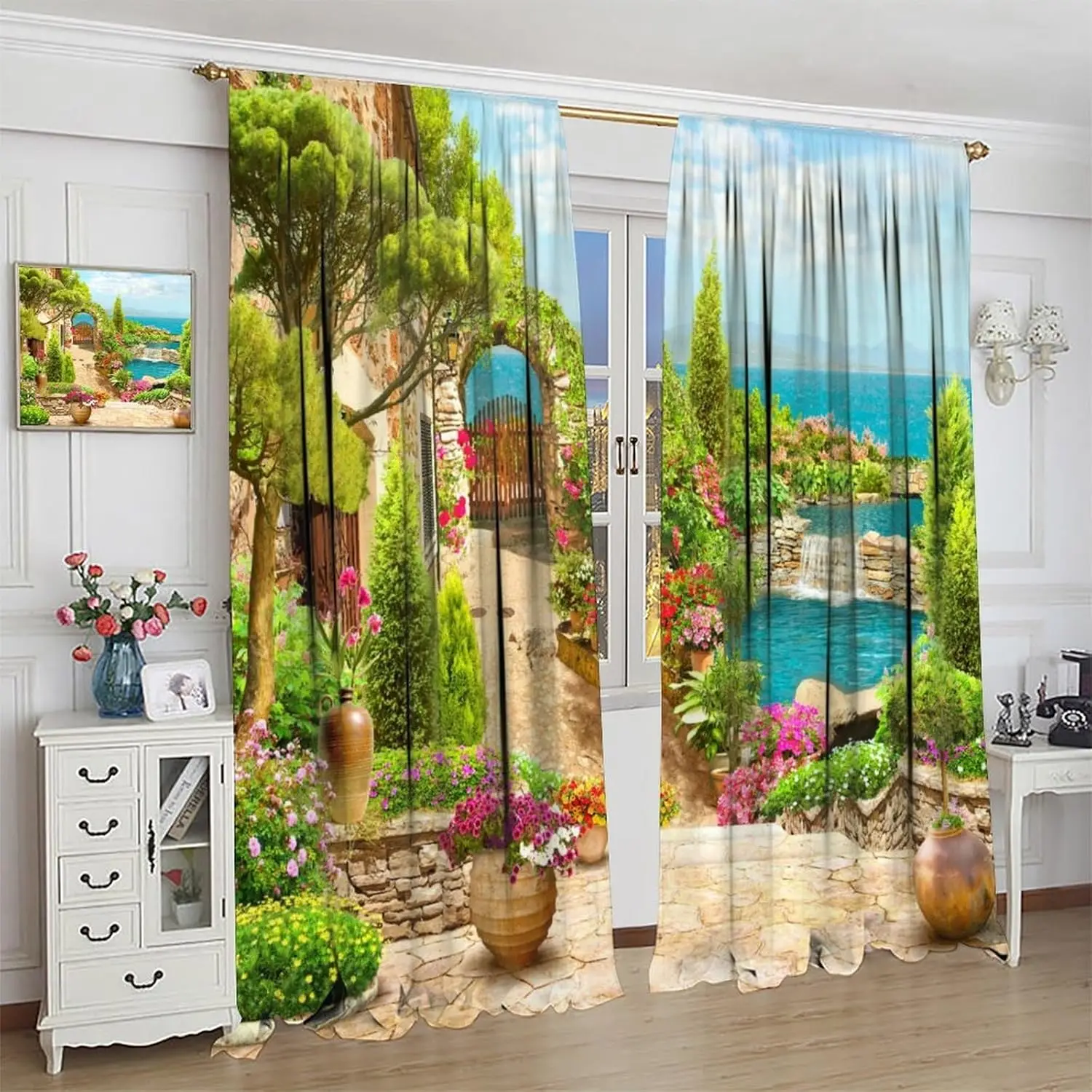 Italian Landscape Curtains for Kitchen,Vintage Scandinavian Rustic Rustic Nature Botanical Flower Leaf Beach Window Drapes Print