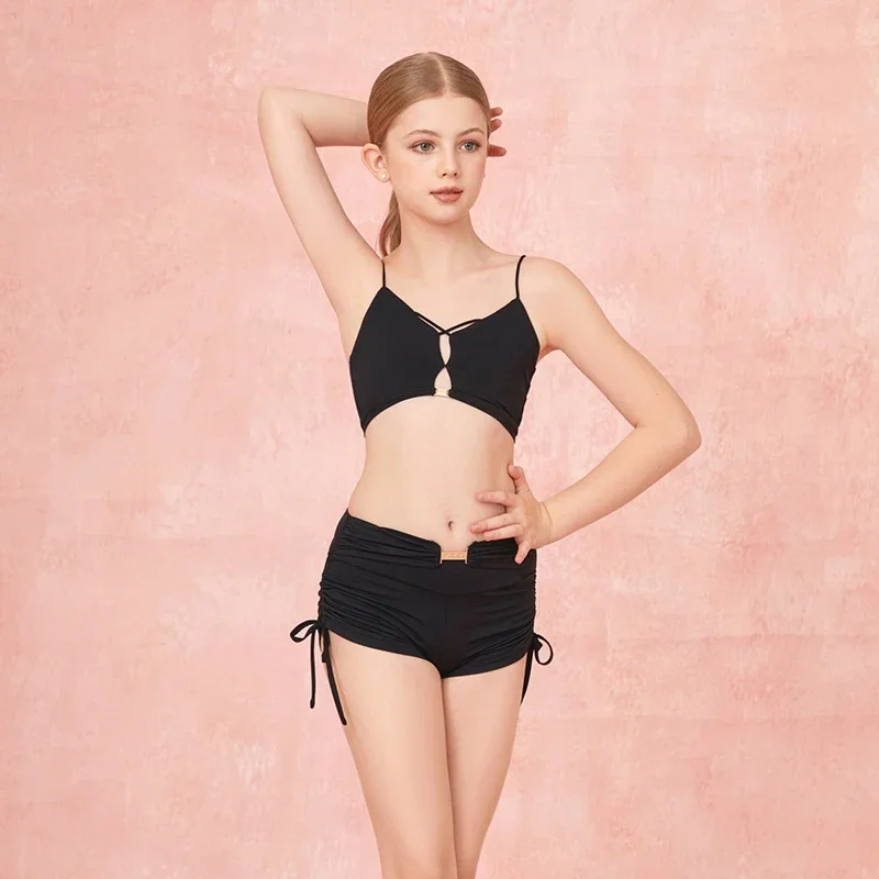 Zym trajes de performance de dança latina para meninas, tops sem costas, shorts com cordão, terno de prática, vestido de dança latina chacha