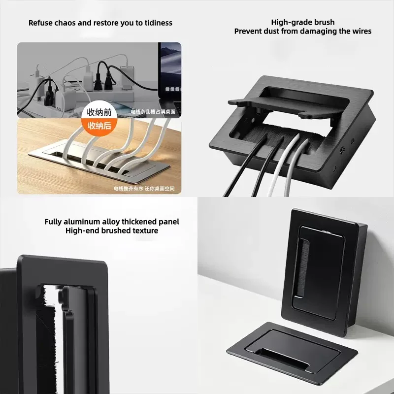 Home Square Aluminum Cable‑Hole Cover with Black Bristles, Cable Socket Port for Office Table and Kitchen Cabinet Wire Managemen