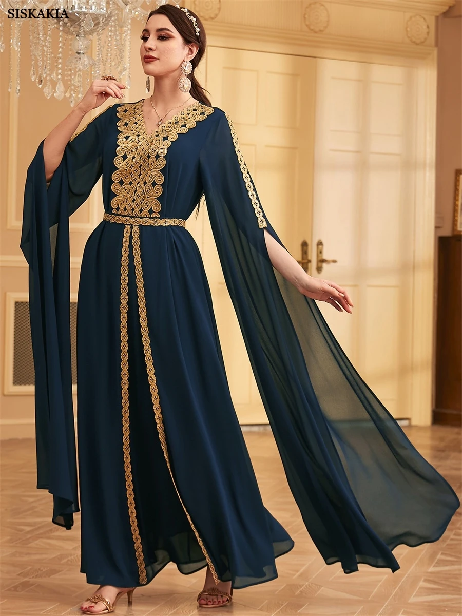 Siskakia Ramadan Stylish Sequins Patchwork Abaya Dubai Super Full Sleeves Have Sashes Maxi Dress Mesh Polyester Belted Kaftan