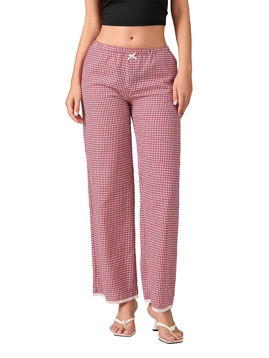 Women Wide Leg Pants Casual Plaid Print Loose Elastic Waist Trousers for Work Office Streetwear