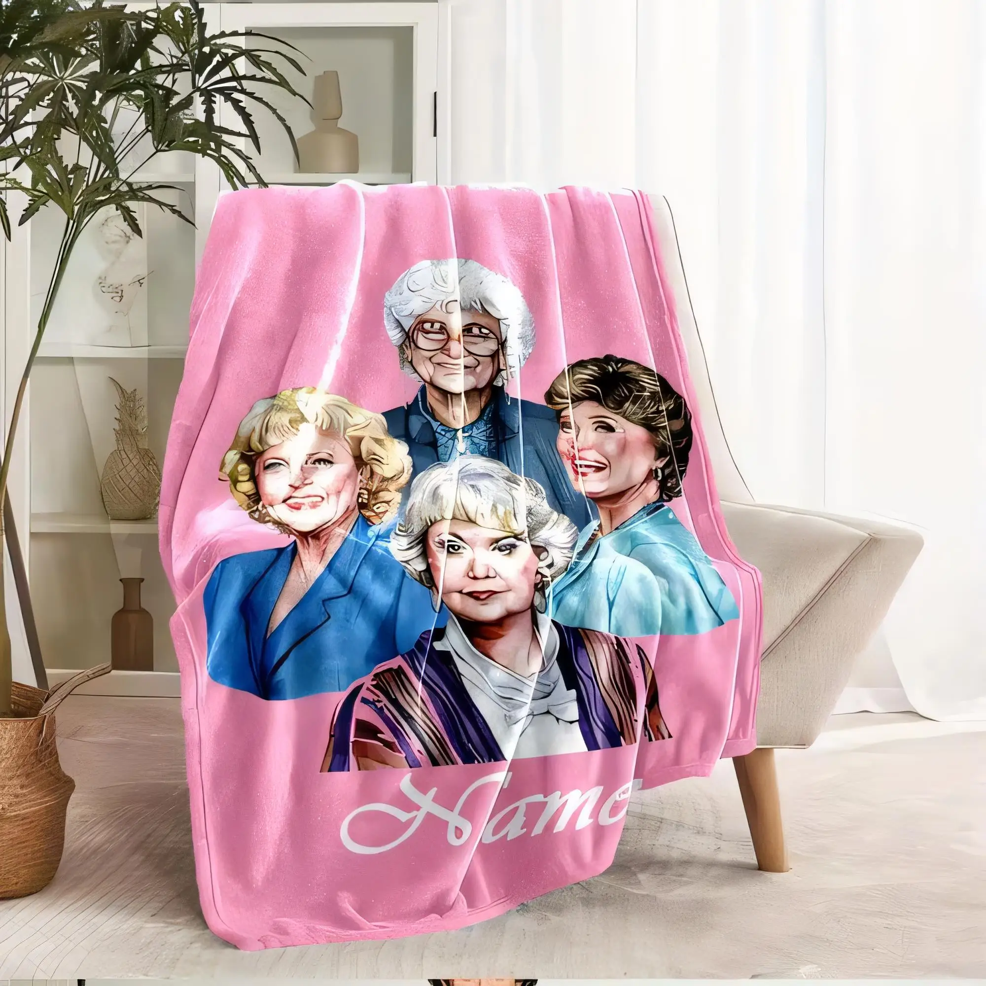 Golden Girls Blanket Soft Pink Throw Featuring Dorothy, Rose, Blanche, and Sophia Personalized Name Design Cozy Home Decor Ideal