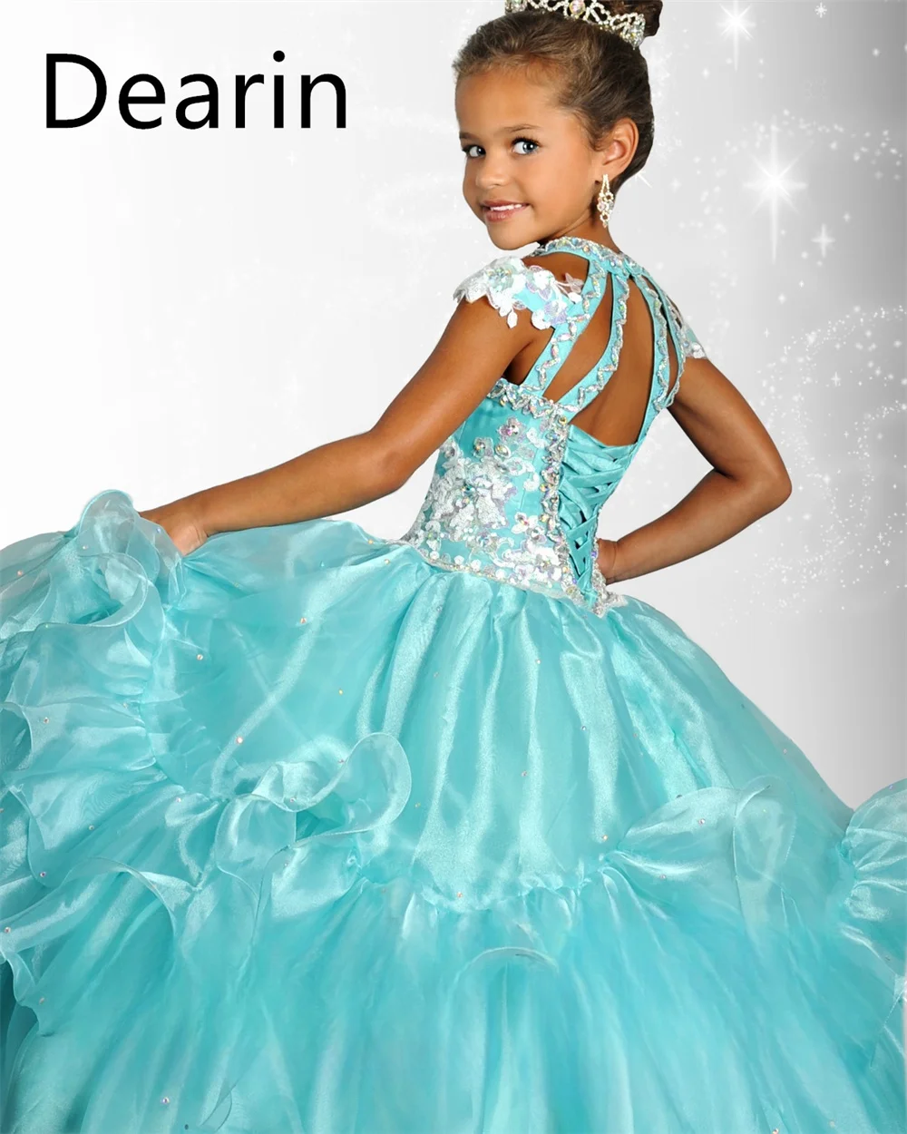 Customized Dearin Shoulder Girdle Ball Gown Floor Length Skirts Sequin Tulle Flower Girl Dresses