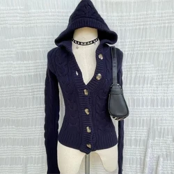 American Navy Blue Knitted Hooded Cardigan Y2K Fashion Slim Casual Buttons Sweater Jacket Female Long Sleeve All-Match Sweaters