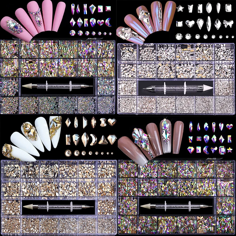 

1000/3100pcs Shiny Diamond Nail Art Rhinestones Crystal Decorations Set AB Glass 1pcs Pick Up Pen in Grids Box 21 Shape