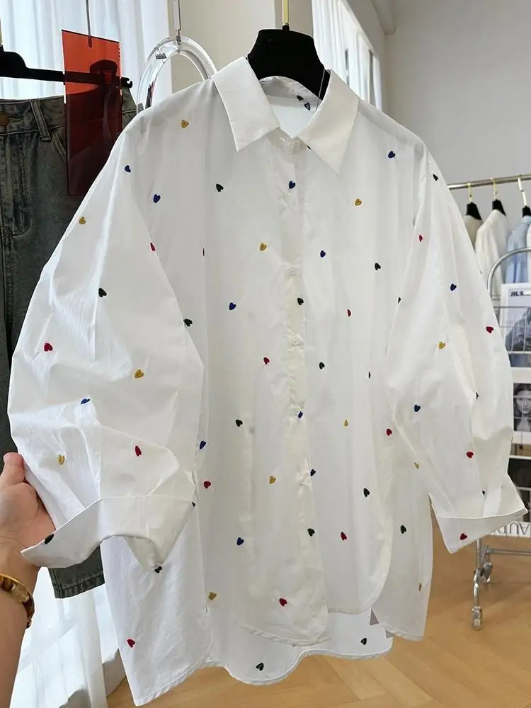 

2025 Autumn New Fine Women's Collar Embroidery Shirt Female Casual Long Sleeve Loose Blouses and Tops Lady Fresh White Shirt