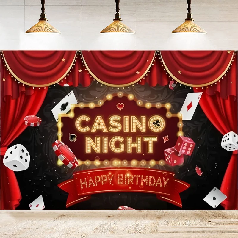 Casino Night Photography Backdrop Carnival Playing Cards Red Curtain Golden Glitter Poster Happy Birthday Party Decor Background