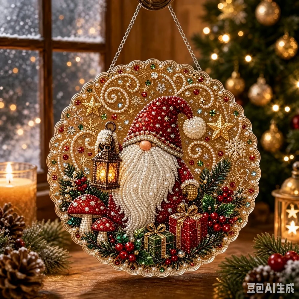 Pearl Diamond Painting Suncatcher Kit Christmas 3D Beaded DIY Craft with Double-Sided Print Hang Metal Chain Wall Decor for Home