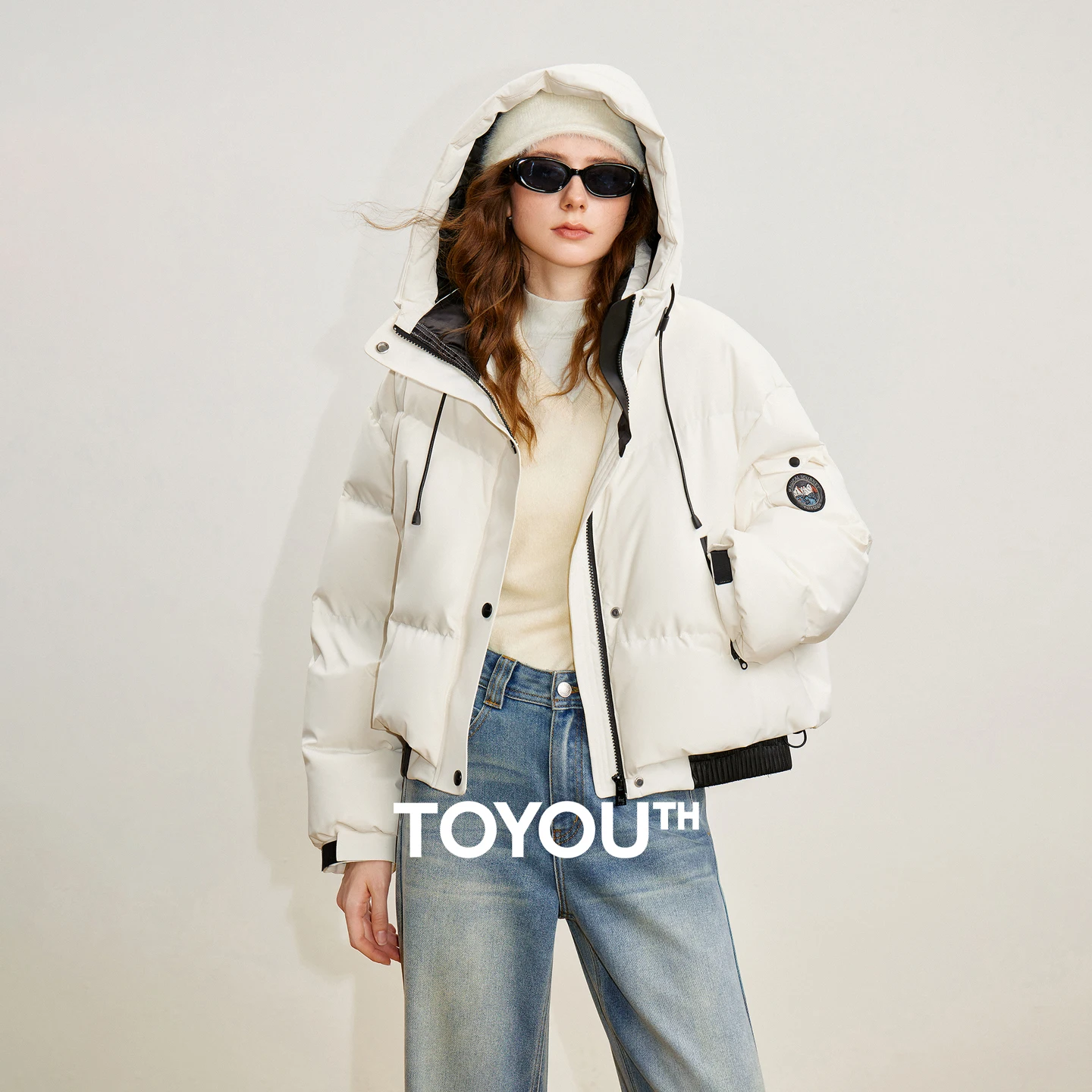 

TOYOUTH Women Down Jackets 2025 Winter New Hooded White Duck Down Color-blocking Spliced Bread Coat Outerwear