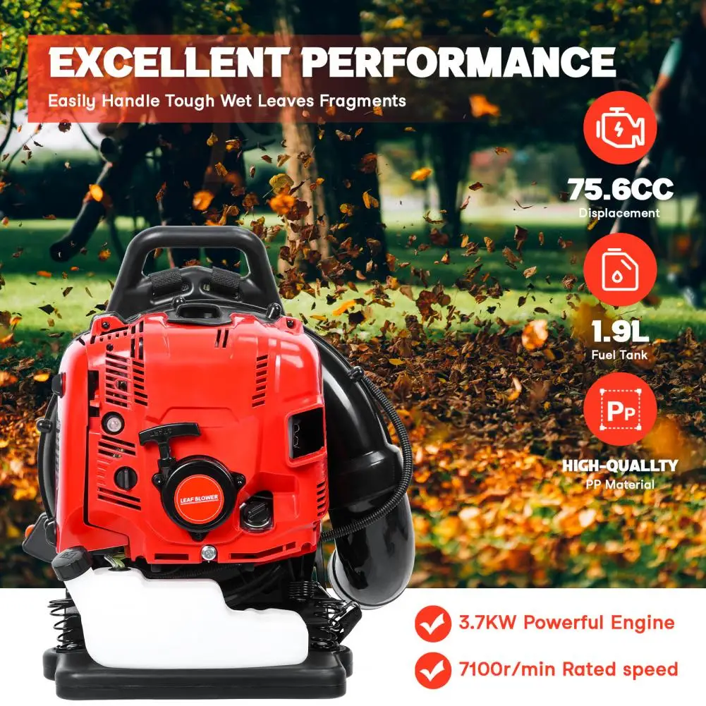 Leaf Blower, 75.6CC 4-Stroke Ergonomic Design Backpack Gas Blower, Up To 900 CFM And 210 MPH Snow Blower, Cruise Control (Red)