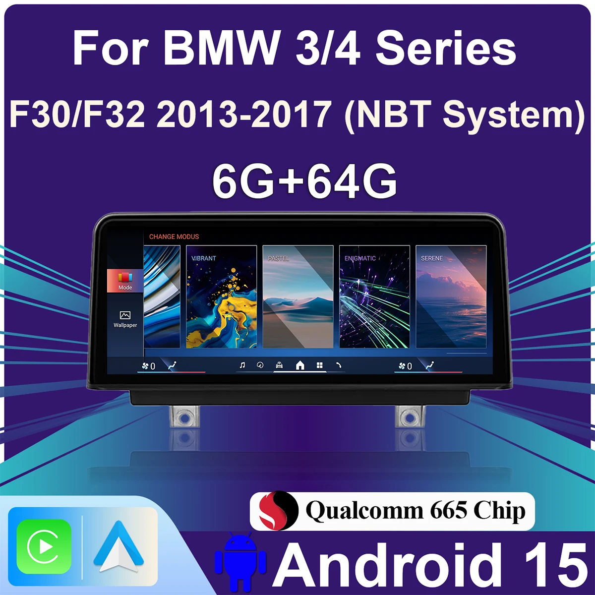 Autoradio 10,25' à écran tactile avec CarPlay sans fil pour BMW Série 3/4 F30 F31 F32 F33 F34 F35 F36 2013-2017 NBT, système Android 15, puce Qualcomm Snapdragon 665, navigation GPS multimédia, Bluetooth, WIFI