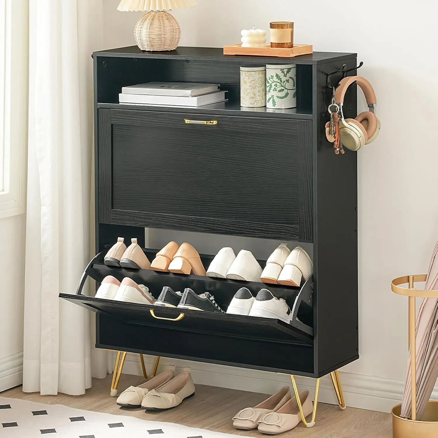 

Shoe Cabinet, Shoe Storage Cabinet for Entryway, with 2 Flip Drawers, Hidden Tipping Bucket Cabinet, Organizer