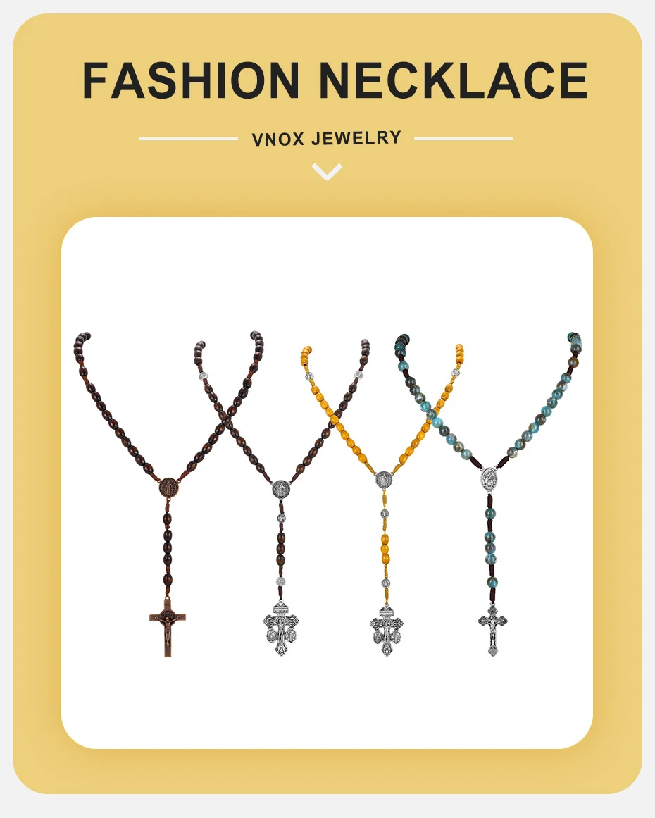 Vnox Herren-Rosenkranz-Halskette, Verzeihungs-Kreuz mit St. Benedikt und Jungfrau Maria, Holzimitierte Achatperlen, Y-förmiger katholischer religiöser Schmuck – Detail 1