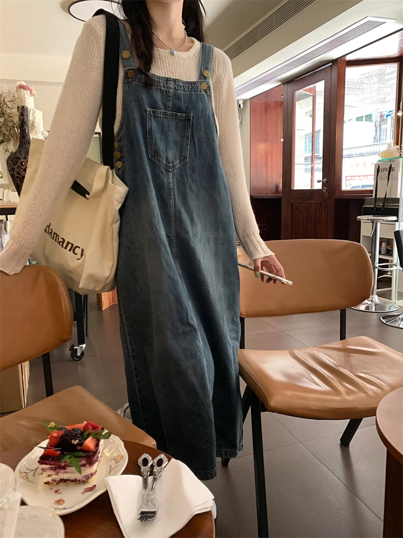 Autumn  Spring women long Tank Jeans dress 2024 Korean style  Jeans spaghetti strap Loose Vintage denim dress womens (yb9209)