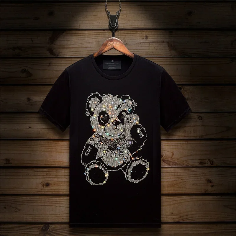 

2024 Bear Rhinestones Cartoon T Shirts Men High Quality Short Sleeve Fashion Streetwear O Neck Slim T-shirts Man Ropa De Hombre