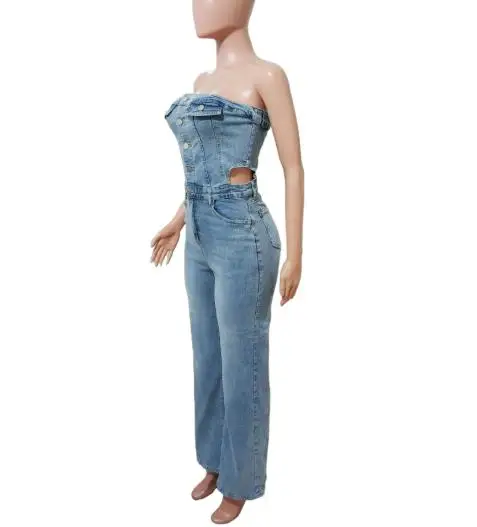 Damen-Jeansoverall, trägerlos, One-Shoulder, schmale Passform, gerades Bein, weites Bein, modische, lässige Hose mit hoher Taille