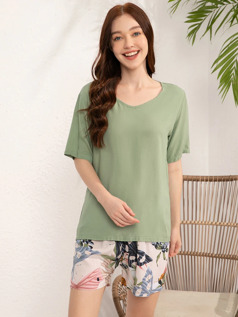 Women Pajamas Set Viscose Plus Size S-3XL Short-Sleeved T-shirt Shorts Loose for Home Sleepwear Pjamas