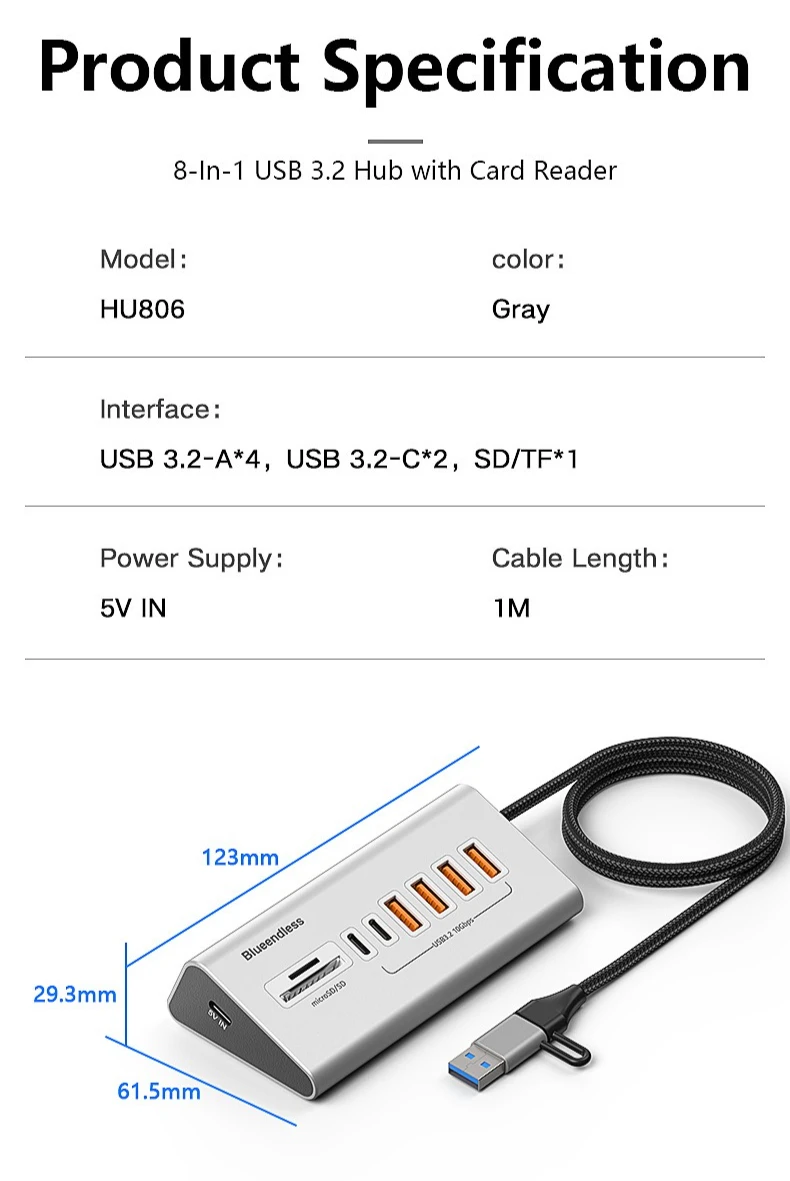8-in-1 USB 3.2 SD TF Docking Station Laptop USB C Hub 10Gbps Multi Ports Type C Splitter Aluminum Alloy with Card Reader for PC