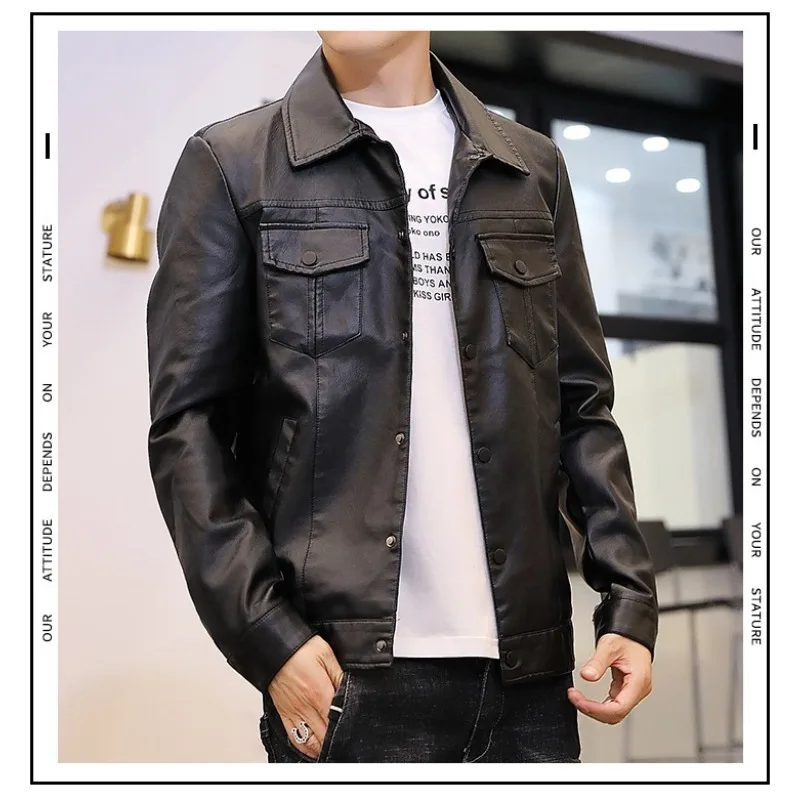 Men Classic Lapel Faux Leather Trucker Jacket Metal Snap Buttons Double Chest Pockets Casual Motorcycle PU Leather Outer Coat