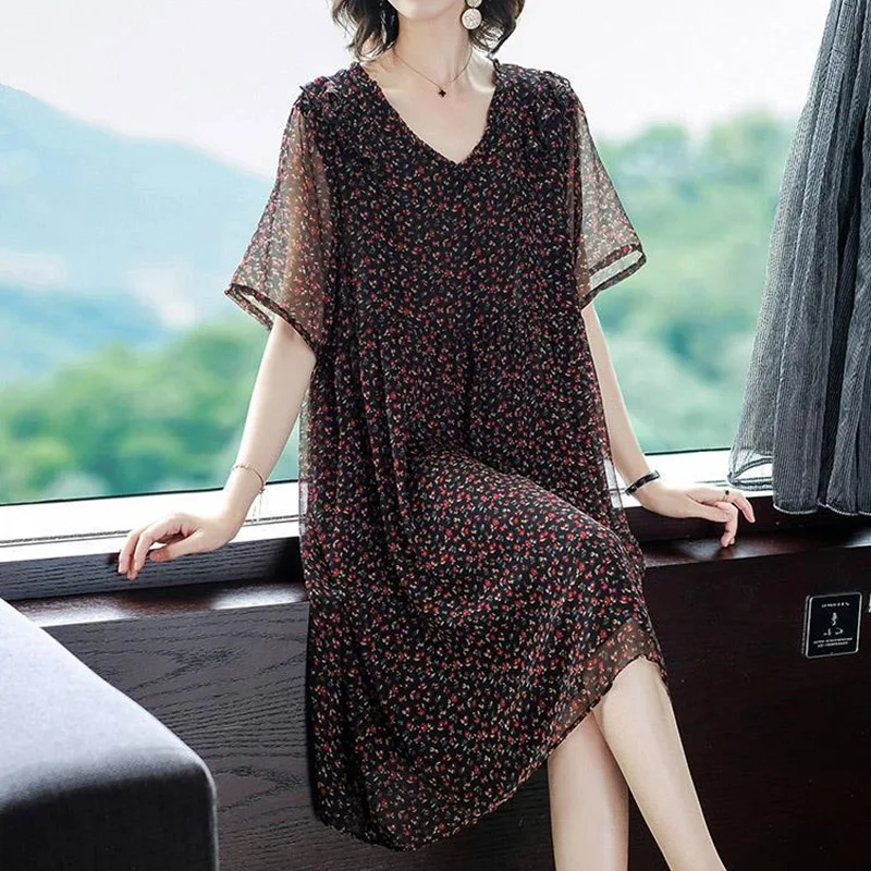 Thời Trang Thanh Lịch Hoa In Ruffles Voan Váy Mùa Hè 2022 Ngắn Tay Áo V-Cổ Áo Thun Lỏng Midi Dress Phụ Nữ Quần Áo